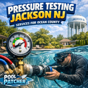 Technician performing pressure testing on pool pipes in a residential backyard in Jackson, NJ.