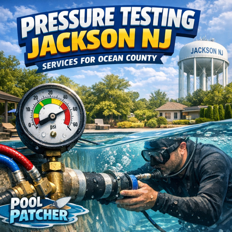 Technician performing pressure testing on pool pipes in a residential backyard in Jackson, NJ.