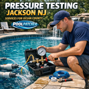 Technician performing professional pressure testing on a residential pool plumbing system in Jackson, NJ.
