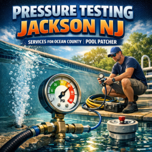 Technician performs pool pressure testing in Jackson, NJ, ensuring leak-free Ocean County pool maintenance.