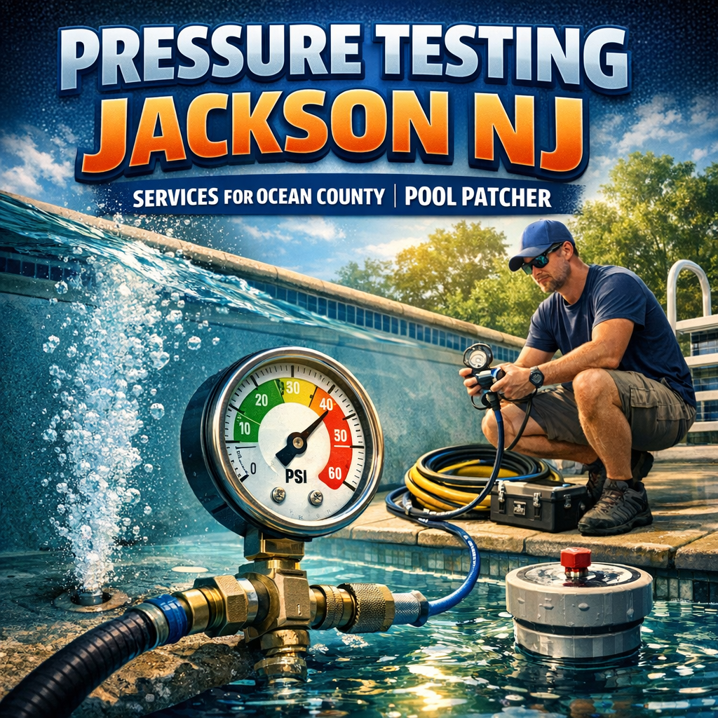 Technician performs pool pressure testing in Jackson, NJ, ensuring leak-free Ocean County pool maintenance.