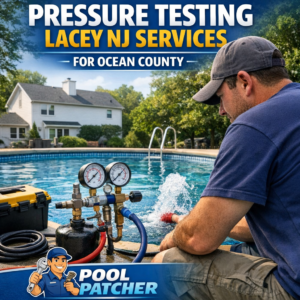 Technician pressure testing a pool pipe to check for leaks in Lacey, NJ, and Ocean County.