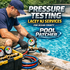 Technician performing professional pool pressure testing on piping in Lacey, NJ for Ocean County pools.