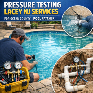 Technician performing pressure test on pool pipe in Lacey, NJ, ensuring leak-free Ocean County pool systems.