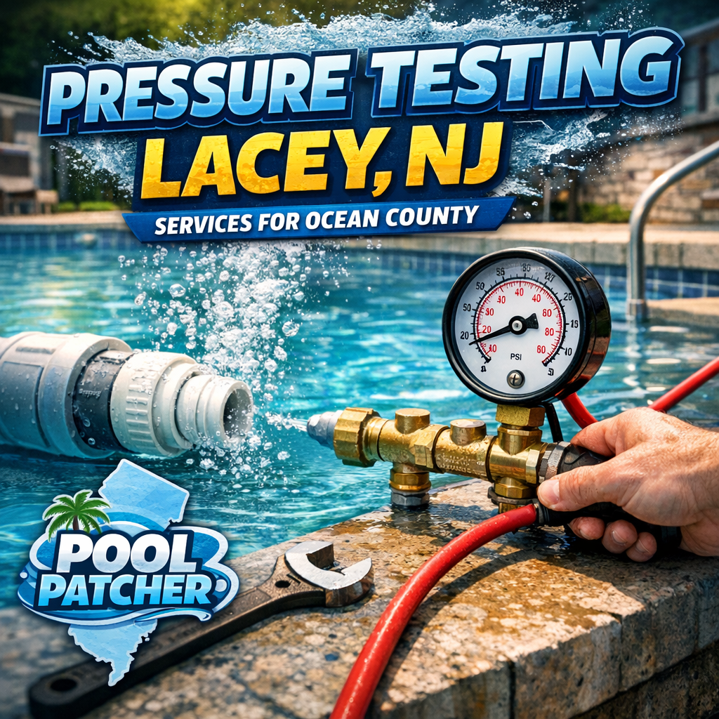 Technician performing pressure testing on a pool pipe in Lacey, NJ, ensuring leak-free pool plumbing.
