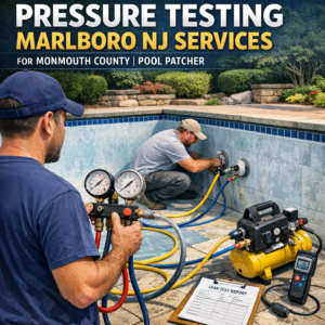 Technician performing pressure testing on a pool pipe outdoors in Marlboro, NJ.