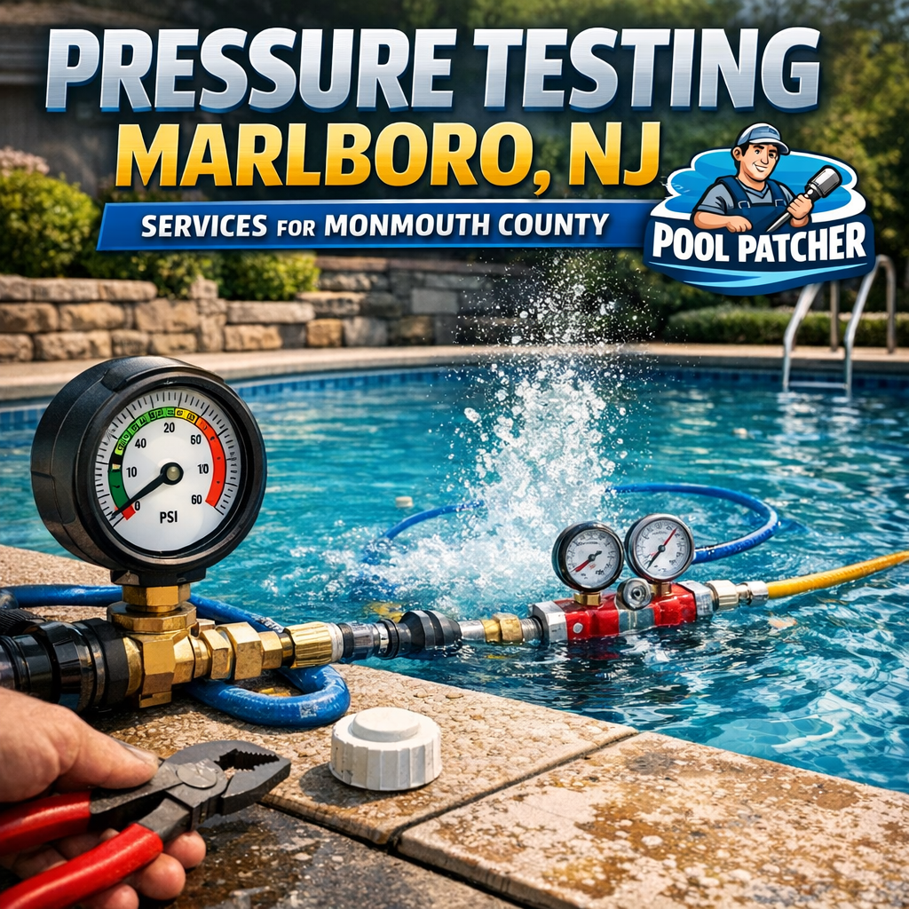 Technician performing pressure testing on a pool pipe in Marlboro, NJ, for leak detection and repair.