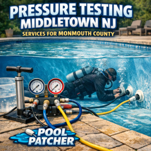 Technician performing pressure test on a pool pipe with blue equipment in Middletown, NJ.