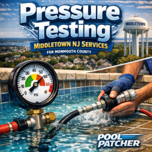 Technician performing pressure testing on a pool pipe in Middletown, NJ, ensuring safe pool plumbing.