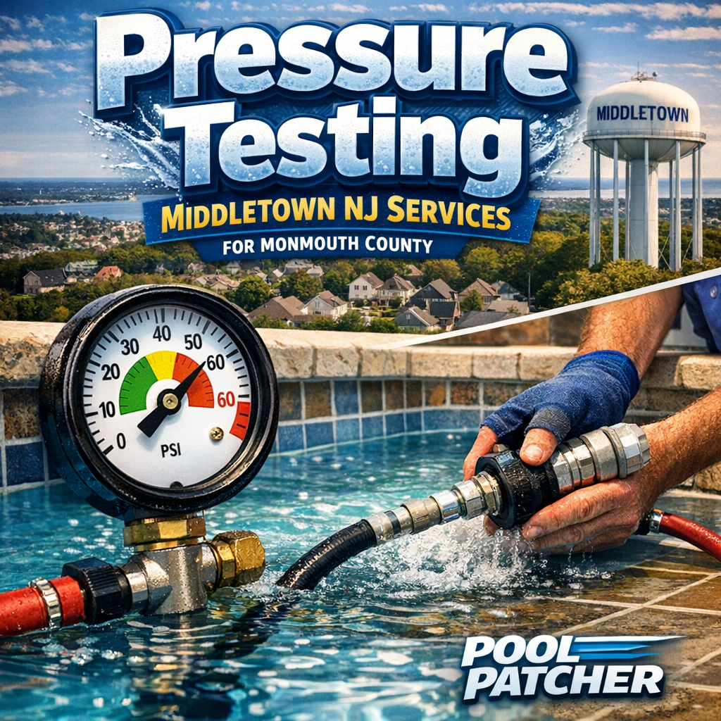 Technician performing pressure testing on a pool pipe in Middletown, NJ, ensuring safe pool plumbing.