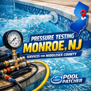 Technician performing pressure testing on a pool pipe in Monroe, NJ, for leak detection and repair services.
