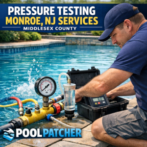 Technician performing pressure testing on pool pipes outdoors with equipment in Monroe, NJ.