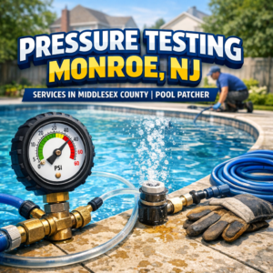 Technician performing pressure testing on a pool pipe to check for leaks in Monroe, NJ.