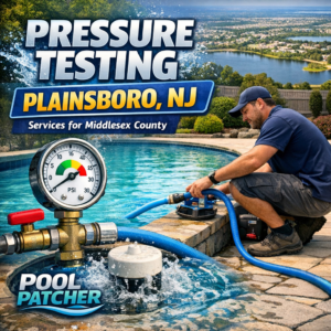 Technician performing pressure testing on a pool pipe in Plainsboro, NJ, ensuring leak-free plumbing.