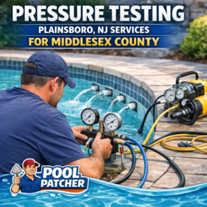 Technician performs pressure testing on a swimming pool pipe in Plainsboro, NJ for leak detection.