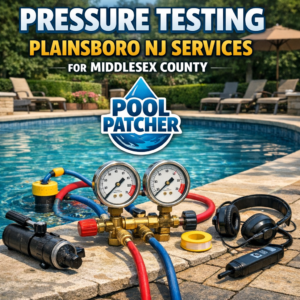 Technician performing pressure testing on a swimming pool plumbing system in Plainsboro, NJ.
