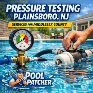Technician performing pool pressure testing with equipment in a residential backyard in Plainsboro, NJ.
