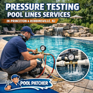 Technician pressure testing pool plumbing lines outdoors using specialized equipment in Princeton and Robbinsville.