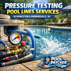 Technician performing pressure testing on pool plumbing lines using gauges and tools outdoors.