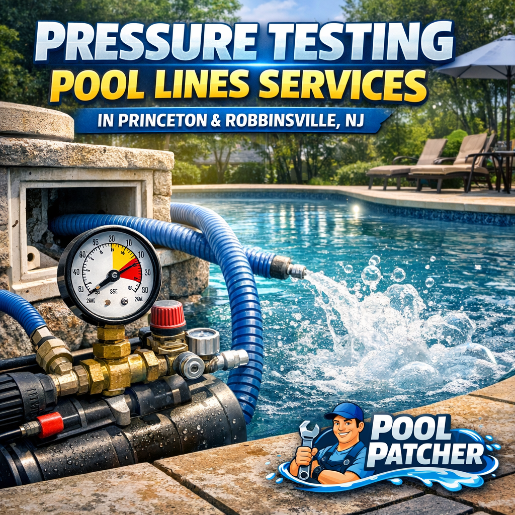 Technician performing pressure testing on pool plumbing lines using gauges and tools outdoors.