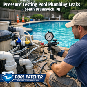 Technician pressure tests pool plumbing for leaks using gauges and hoses in a backyard in South Brunswick, NJ.