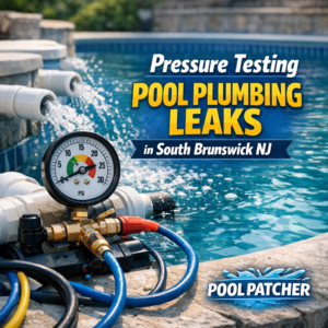 Technician pressure testing pool plumbing for leaks in South Brunswick, NJ with specialized equipment.