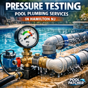 Technician performing pressure test on pool plumbing with specialized equipment in Hamilton, NJ.