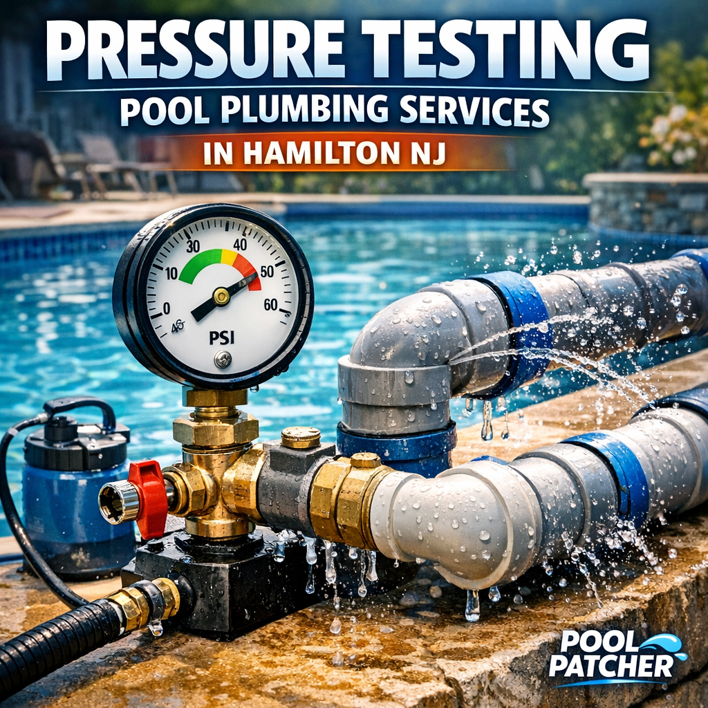 Technician performing pressure test on pool plumbing with specialized equipment in Hamilton, NJ.