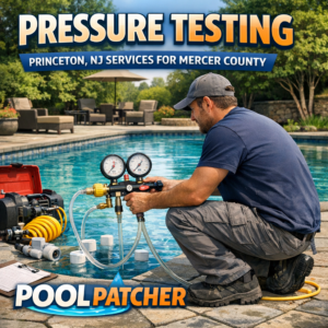 Technician performing professional pool pressure testing in Princeton, NJ by Pool Patcher services.