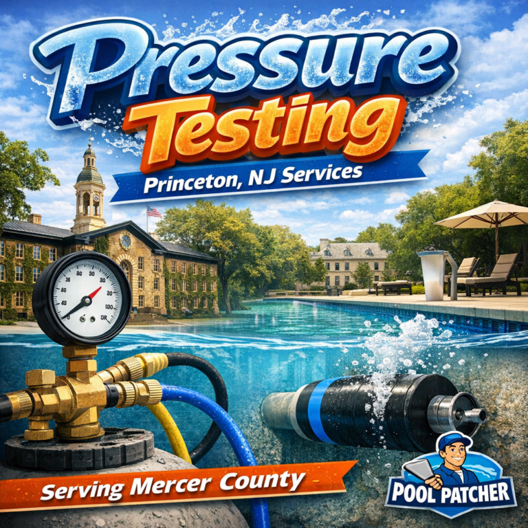 Technician performing pressure testing on a pool pipe outdoors with testing equipment connected.