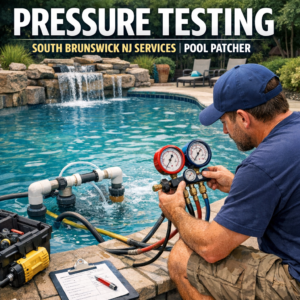 Technician performing pressure testing on a pool pipe outdoors in South Brunswick, NJ.