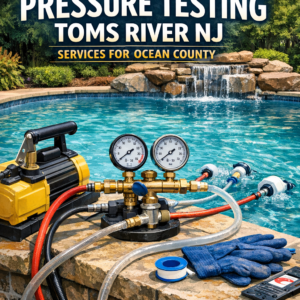 Technician performing pressure testing on a pool plumbing system in Toms River, NJ, serving Ocean County.