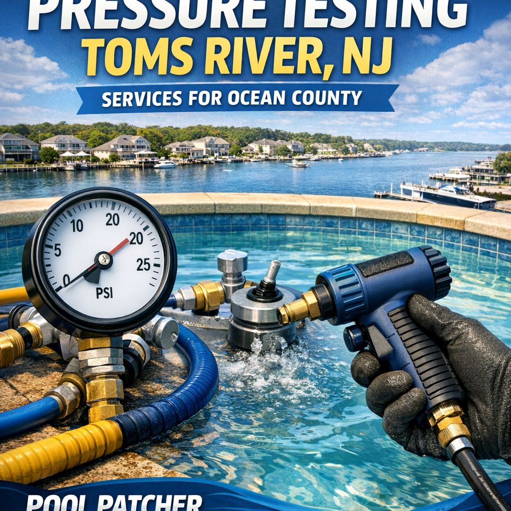 Technician pressure testing pool pipes in Toms River, NJ, ensuring leak-free systems for Ocean County pools.