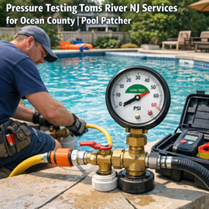 Technician performing pressure testing and patching a pool in Toms River, NJ for Ocean County pool maintenance.