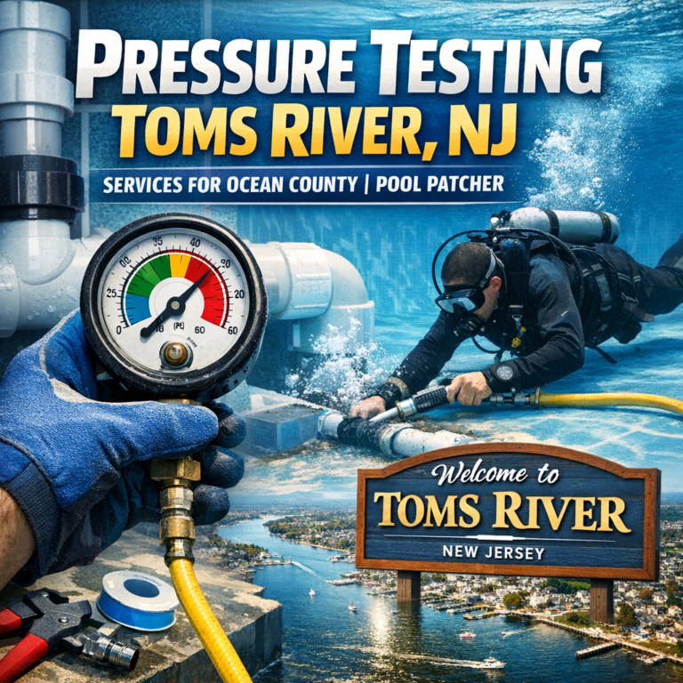 Technician performing pressure testing on a pipe outdoors in Toms River, NJ for pool maintenance.
