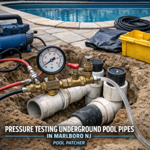 Technician pressure testing underground pool pipes with equipment in Marlboro, NJ.