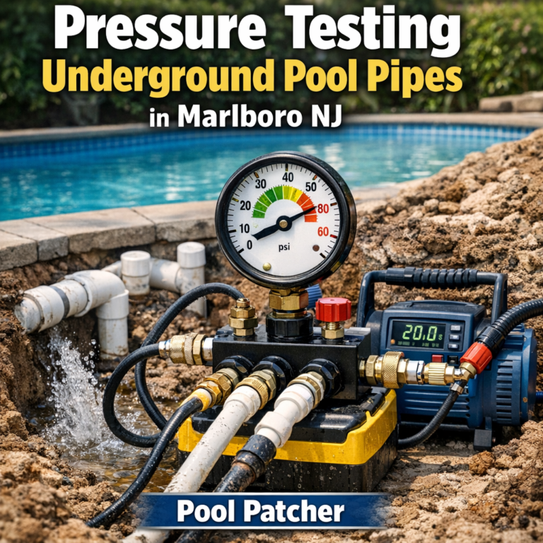 Pressure testing equipment connected to underground pool pipes being tested in Marlboro, NJ.