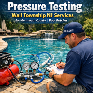 Technician performing professional pool pressure testing on pipes at a residential property in Wall Township, NJ.