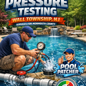 Technician performing pool pressure testing on pipes in a backyard in Wall Township, NJ.