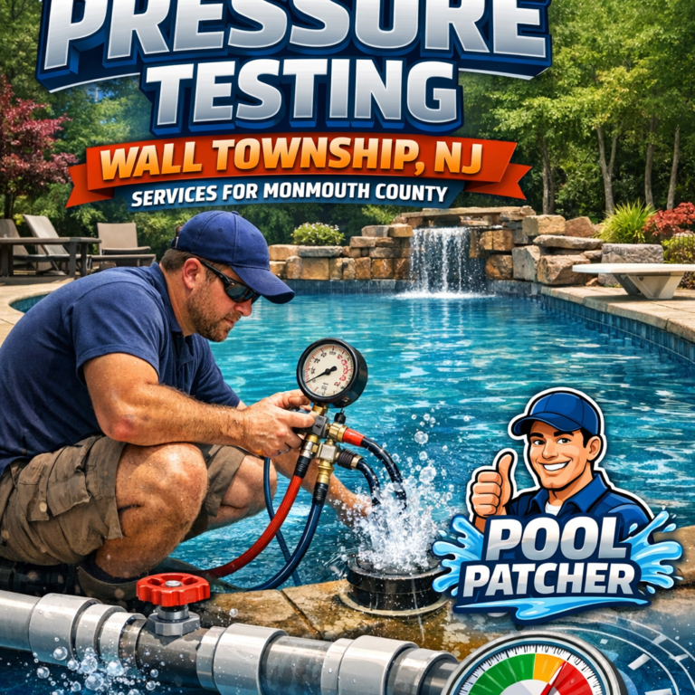 Technician performing pool pressure testing on pipes in a backyard in Wall Township, NJ.