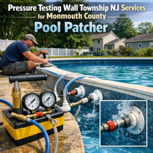 Technician performing pool pressure testing and patching in Wall Township, NJ, ensuring Monmouth County pool maintenance.