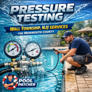 Technician performing pool pressure testing on plumbing pipes with specialized equipment in Wall Township, NJ.