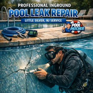 Technician repairing a leak on a blue inground pool in a residential backyard.