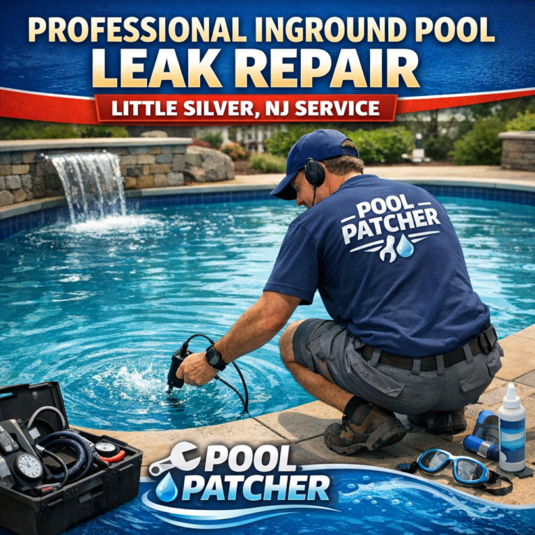 Technician repairing an inground pool leak outdoors with professional equipment in Little Silver, NJ.