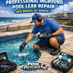 Technician repairing a leak on a professional inground pool in Sea Bright, NJ.