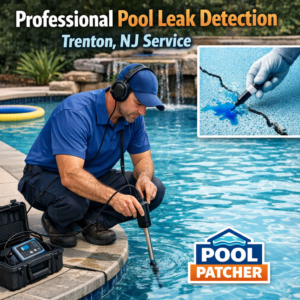 Technician using electronic equipment to detect a pool leak in a residential backyard pool in Trenton, NJ.