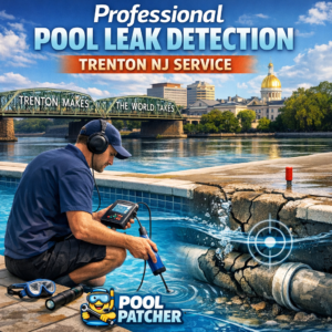 Technician using leak detection equipment beside a backyard swimming pool with house in background.