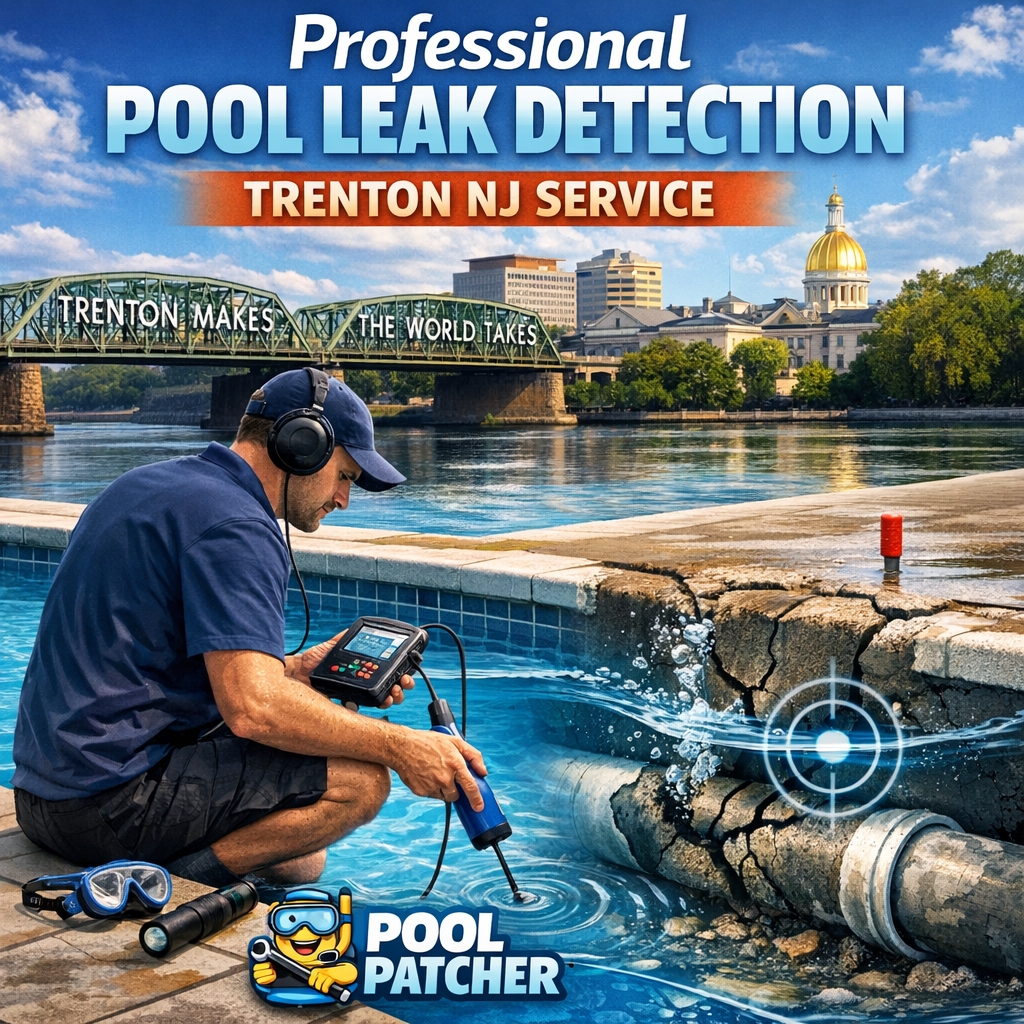 Technician using leak detection equipment beside a backyard swimming pool with house in background.