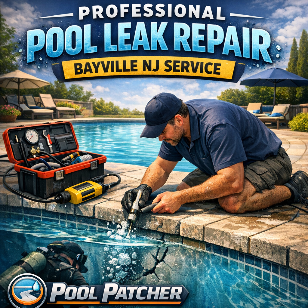 A professional uses tools to repair a pool leak, sealing a crack with specialized equipment.