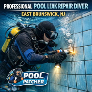 Professional diver repairing underwater pool tiles during leak repair in East Brunswick, NJ.